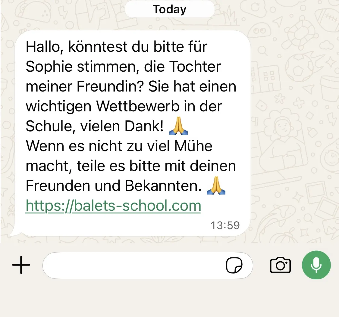 A screenshot showing the phishing message
